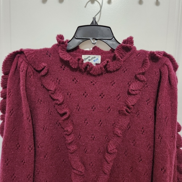 Vtg 80s Clovis Ruffin Knit Women's L Pointelle Knit Ruffle Sweater Romantic - Picture 3 of 7